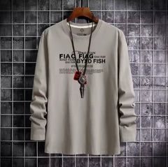 Loose Fit Men's Long Sleeve T-Shirt Pure Cotton Black Printed Thin Style Autumn Base Shirt Trendy Brand Casual Youth Fashion -By Sea Courier Method 🚢📦