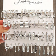 24 Pairs Silver Pearl Hoop Earrings Set