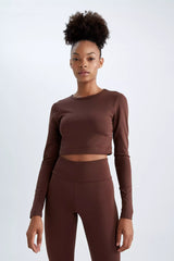 Crew Neck Long Sleeve Crop T-Shirt