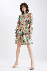 Long Sleeve Floral Detail Viscose Mini Dress