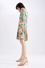 Long Sleeve Floral Detail Viscose Mini Dress