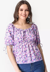 Blue Floral Frilled Tie Up Sleeve Peplum Top