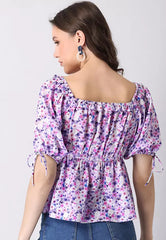 Blue Floral Frilled Tie Up Sleeve Peplum Top