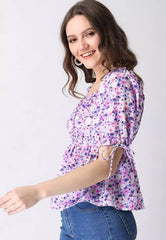 Blue Floral Frilled Tie Up Sleeve Peplum Top