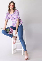 Blue Floral Frilled Tie Up Sleeve Peplum Top