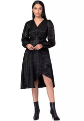 Black Satin Wrap Midi Dress With Belt