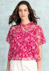 Pink Gathered Sleeve High Neck Blouse