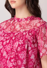 Pink Gathered Sleeve High Neck Blouse