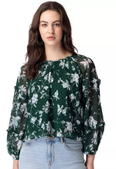 Green Floral Print Full Sleeve Blouse