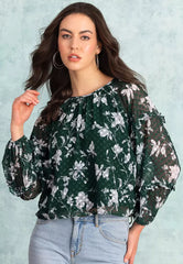 Green Floral Print Full Sleeve Blouse