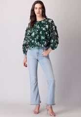 Green Floral Print Full Sleeve Blouse