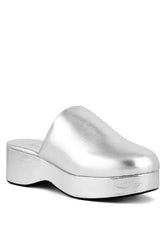 Silver Solid Platform Slip On Mules