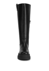 Black Faux Leather Chunky Platform Knee Length Boots