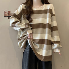American Women's Retro Street Striped Cotton Loose Oversized Long Sleeved T-shirt - By SEA Courier Method 🚢