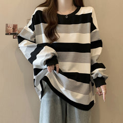 American Women's Retro Street Striped Cotton Loose Oversized Long Sleeved T-shirt - By SEA Courier Method 🚢