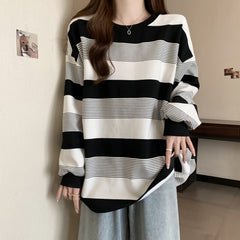 American Women's Retro Street Striped Cotton Loose Oversized Long Sleeved T-shirt - By SEA Courier Method 🚢