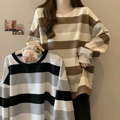 American Women's Retro Street Striped Cotton Loose Oversized Long Sleeved T-shirt - By SEA Courier Method 🚢