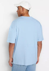 Light Blue Unisex Oversized/Wide Cut Crew Neck Short Sleeve Printed T-Shirt