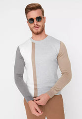 Gray Men's Slim Fit Crew Neck Paneled Knitwear Sweater