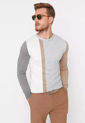 Gray Men's Slim Fit Crew Neck Paneled Knitwear Sweater