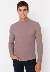 Mink Men's Fitted Tight Fit Half Turtleneck Corduroy Knitwear Sweater.