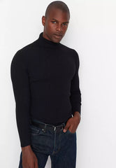 Black Men's Slim Fit Turtleneck Corduroy Knit Sweater