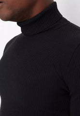 Black Men's Slim Fit Turtleneck Corduroy Knit Sweater