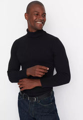 Black Men's Slim Fit Turtleneck Corduroy Knit Sweater