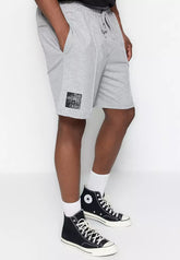 Men's Gray Plus Size Comfortable Regular/Regular Cut Ribbed Printed Drawstring Shorts.