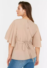 Plus Size Beige Tie Detailed Blouse
