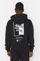 Men's Black Oversized Hoodie Printed Sweatshirt with a Soft Pile Inside, and a Floral Print