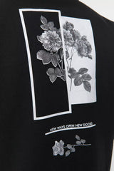 Men's Black Oversized Hoodie Printed Sweatshirt with a Soft Pile Inside, and a Floral Print