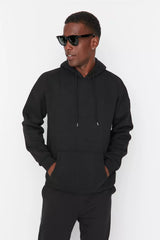 Men's Black Oversized Hoodie Printed Sweatshirt with a Soft Pile Inside, and a Floral Print