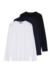 Black-White-Navy Blue Men's Regular/Regular Cut Crew Neck Long Sleeved 3-Pack Basic T-Shirt.