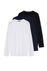 Black-White-Navy Blue Men's Regular/Regular Cut Crew Neck Long Sleeved 3-Pack Basic T-Shirt.