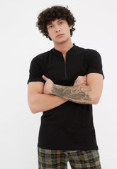 Black Men's Slim Standing Collar Zippered 100% Cotton T-Shirt