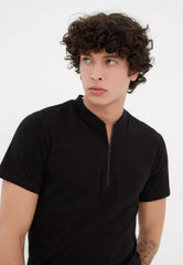 Black Men's Slim Standing Collar Zippered 100% Cotton T-Shirt