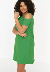 Plus Size Green A-line Knitted Window/Cut Out Detailed Dress
