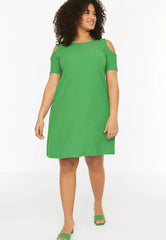 Plus Size Green A-line Knitted Window/Cut Out Detailed Dress