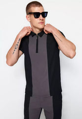 Black Men's Regular/Normal Cut Ottoman Color Block Zippered Polo Collar T-Shirt