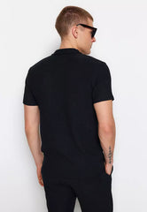 Black Men's Regular/Normal Cut Ottoman Color Block Zippered Polo Collar T-Shirt