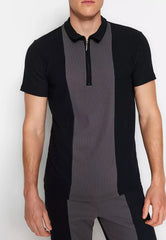 Black Men's Regular/Normal Cut Ottoman Color Block Zippered Polo Collar T-Shirt
