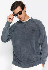 Anthracite Men's Oversize Tropical Print Wash-Effect 100% Cotton Sweatshirt