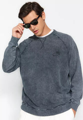 Anthracite Men's Oversize Tropical Print Wash-Effect 100% Cotton Sweatshirt