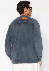 Anthracite Men's Oversize Tropical Print Wash-Effect 100% Cotton Sweatshirt