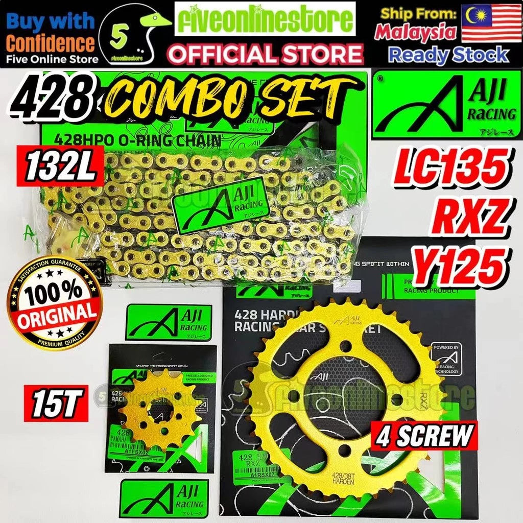 LC135 / RXZ / Y125 / LAGENDA110 AJI Racing 428 Sprocket Gold Combo Set With Chain 32T - 46T 428H Spoket Front 14T 15T -By Sea Courier Method 🚢📦