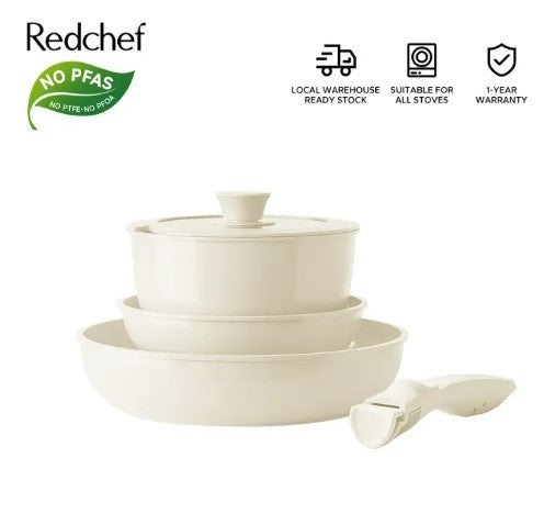 Redchef Nonstick Ceramic Rock Cookware Set Handle Removable (5Pcs) Non Toxic, PFAS& PTFE& PFOA Free - Frying Pan(26+20cm)+Saucepan(20cm) Suitable for All Stoves(Gas, Electric & Induction) -By Sea Courier Method 🚢📦