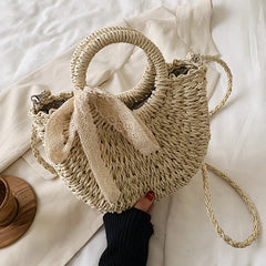 Hand-Woven Moon Shape Straw Bag