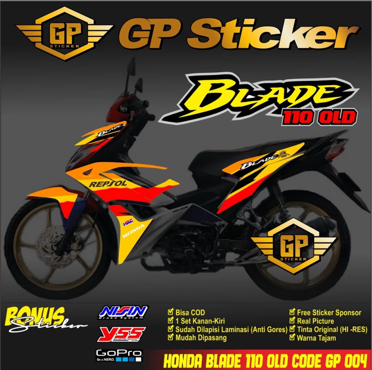 Honda BLADE 110 R OLD MOTORCYCLE STICKER - HONDA BLADE 110 OLD REPSOL GP 004 MOTORCYCLE STRIPING STICKER -By Sea Courier Method 🚢📦