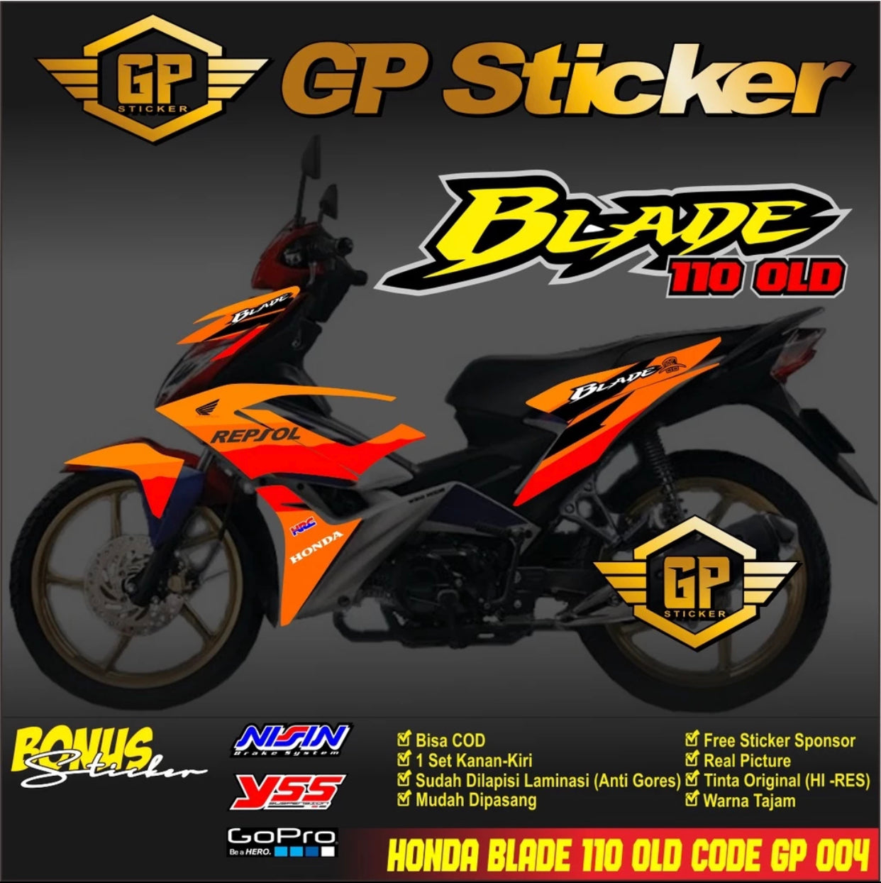 Honda BLADE 110 R OLD MOTORCYCLE STICKER - HONDA BLADE 110 OLD REPSOL GP 004 MOTORCYCLE STRIPING STICKER -By Sea Courier Method 🚢📦